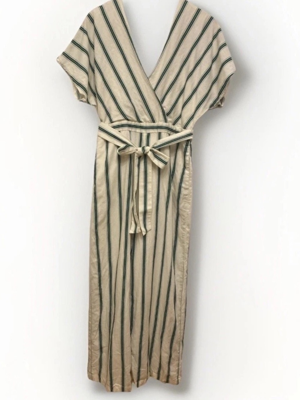 Banana Republic White Spring Linen Jumpsuit with Green Stripes and Pockets